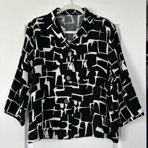 Fridaze Top Linen Button Up Blouse L Lagenlook Artsy Abstract Black White